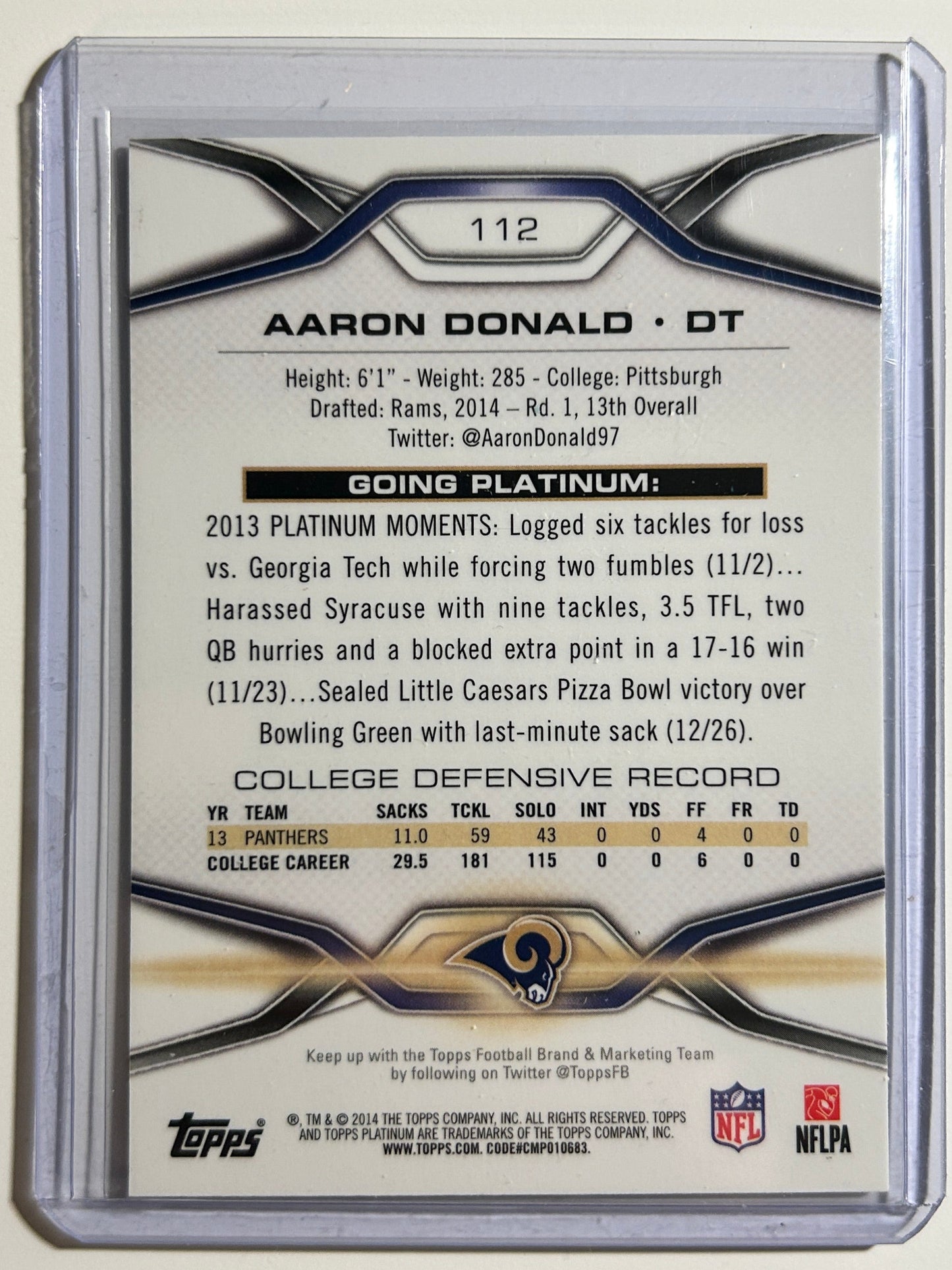 Aaron Donald RC Topps Platinum 2014 True Rookie Card Refractor SP Rams #112 HOF
