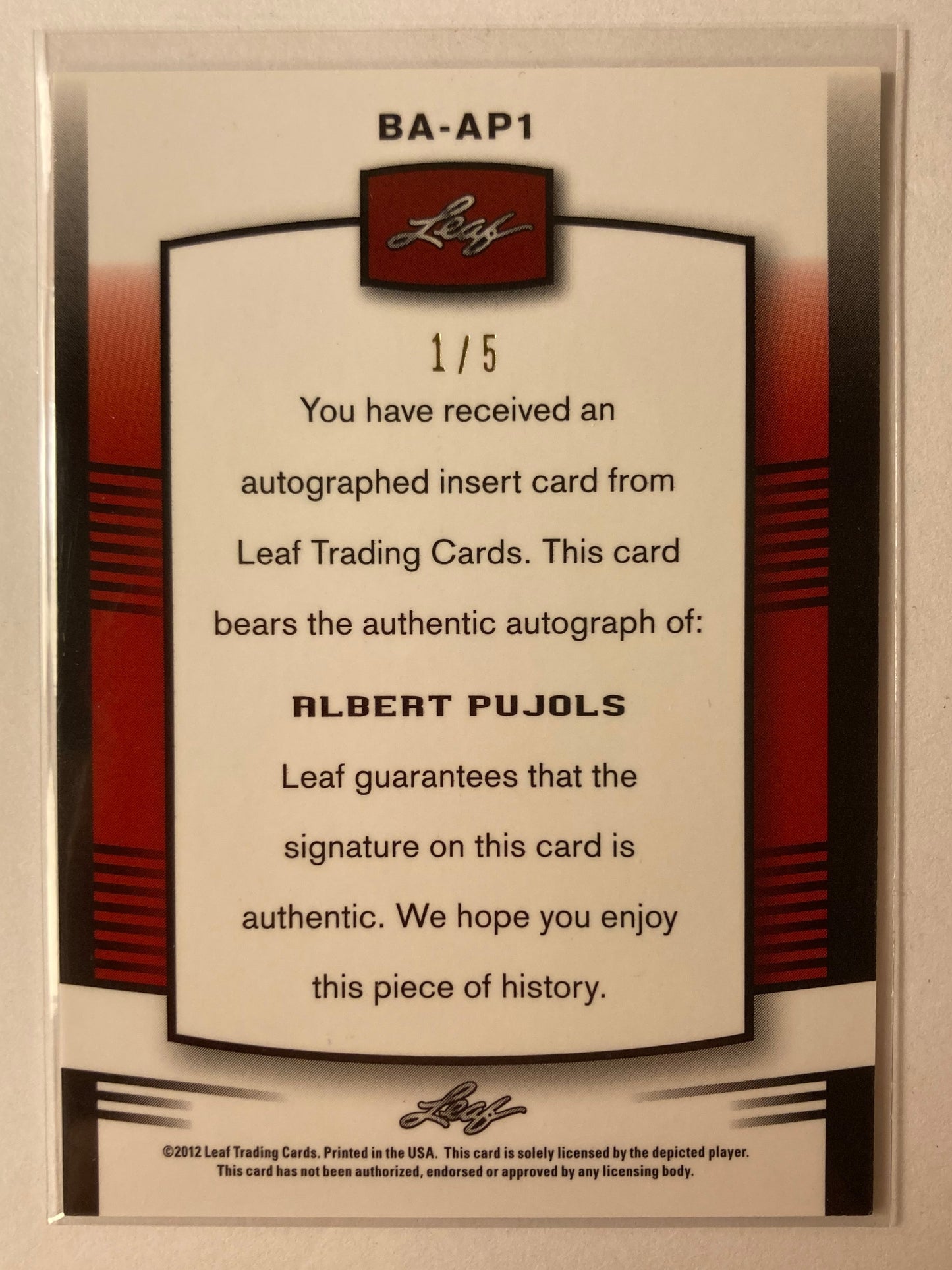 Albert Pujols AUTO #d 1/5 Leaf Metal Pink Refractor 2012 Autograph SP Cardinals
