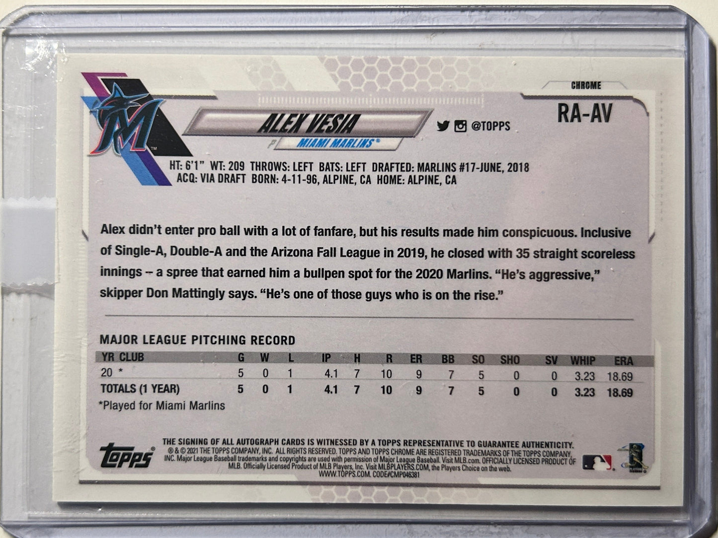 Alex Vesia AUTO~RC Topps Chrome 2021 Certified Rookie Autograph SP Dodgers