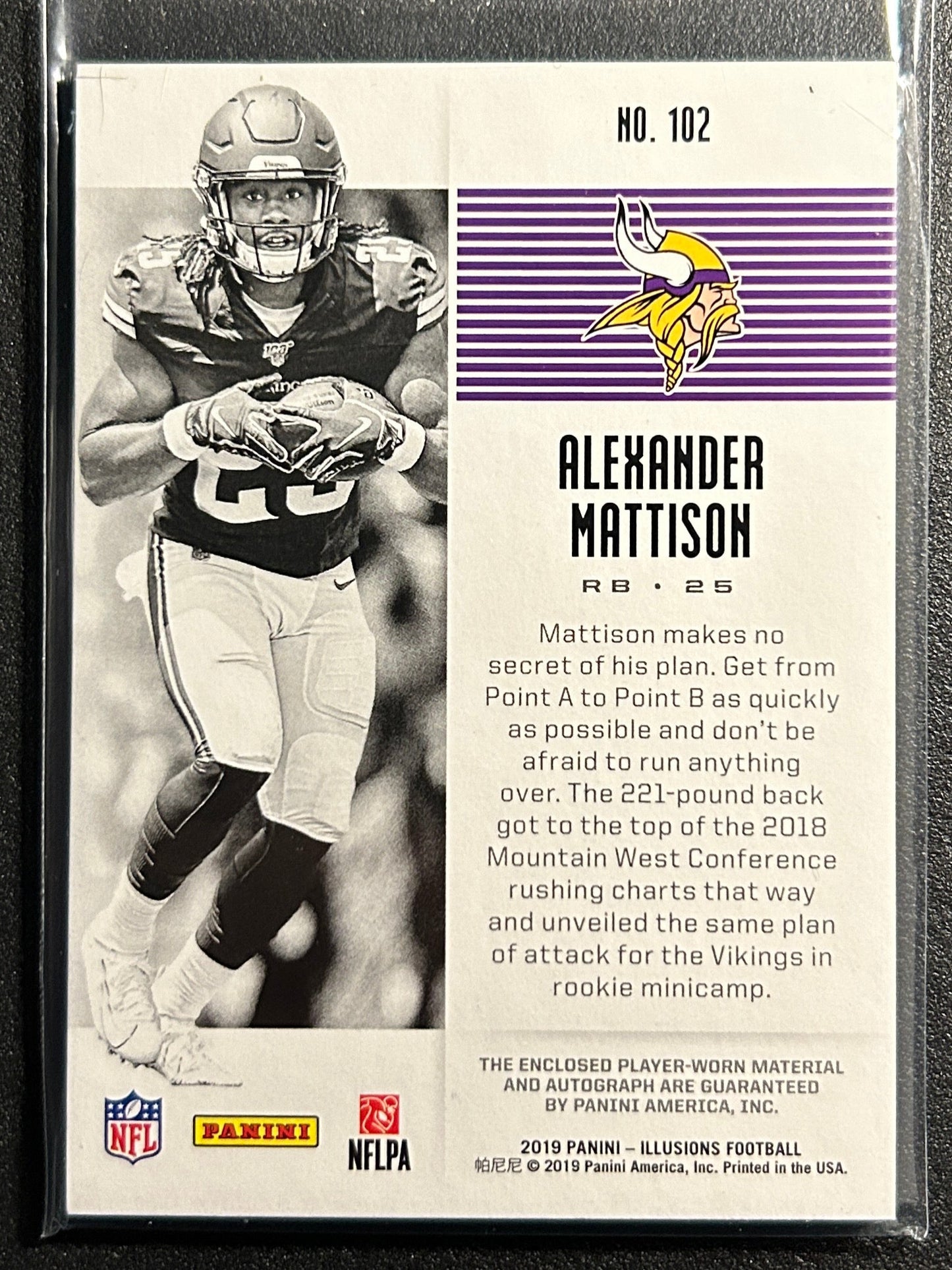 Alexander Mattison AUTO~PATCH~RC #/99 Panini Illusions 2019 Rookie Autograph SP
