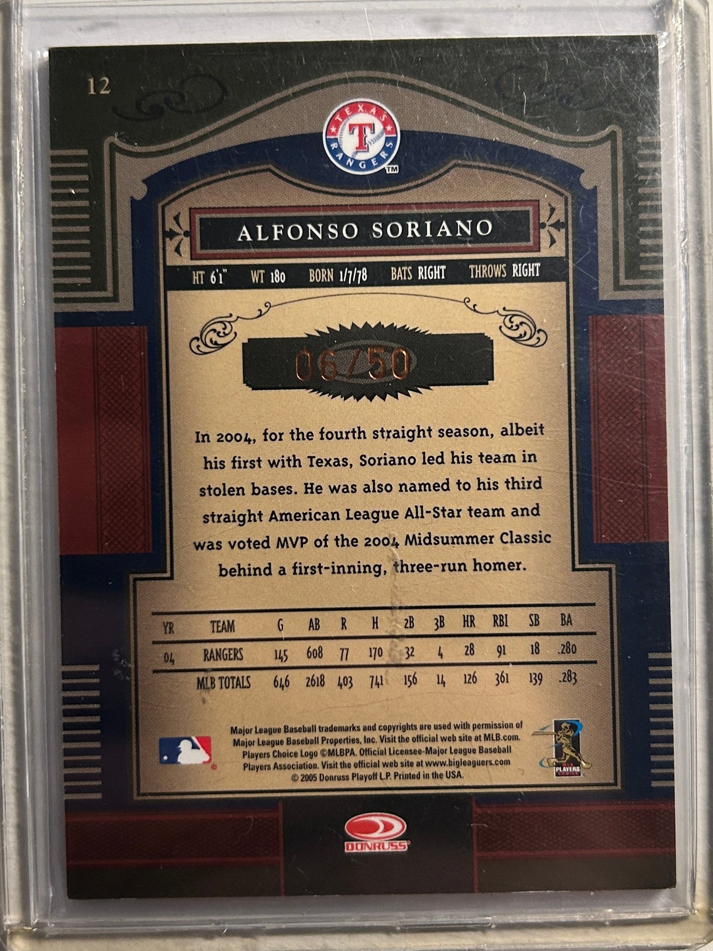 Alfonso Soriano AUTO #/50 Timeless Treasures Bronze 2005 Donruss Autograph SP 12