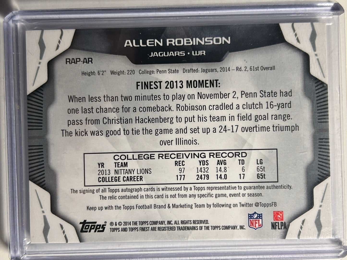 Allen Robinson 3 Clr AUTO~PATCH~RC Topps Finest 2014 Rookie Autograph SP Jersey