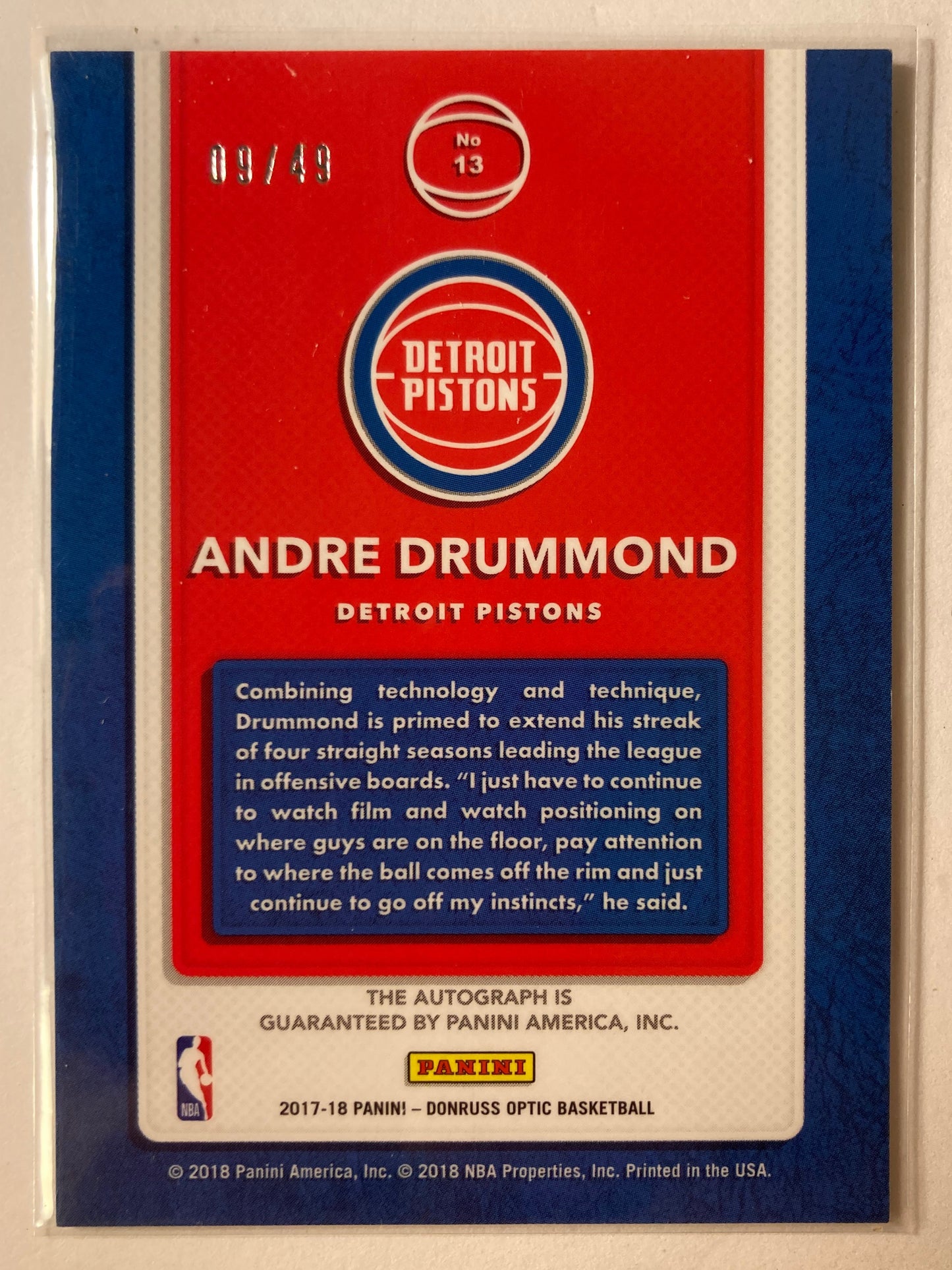Andre Drummond AUTO #/49 Optic Dominators 2017-18 Panini Donruss Autograph SP