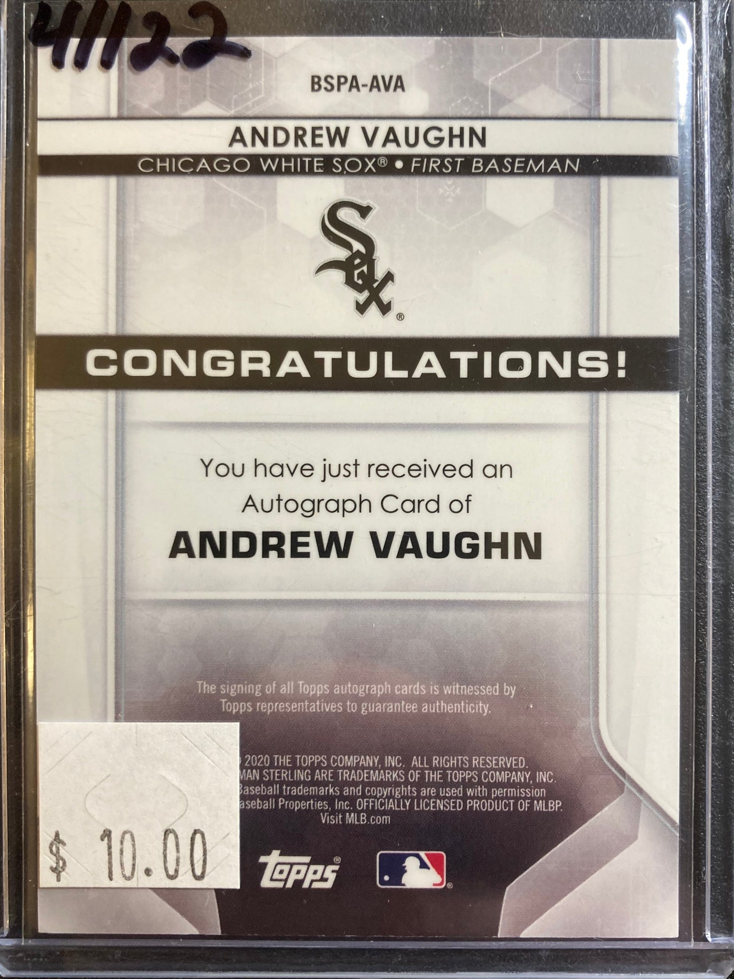 Andrew Vaughn AUTO~RC Bowman Sterling 2020 Certified Rookie Autograph White Sox