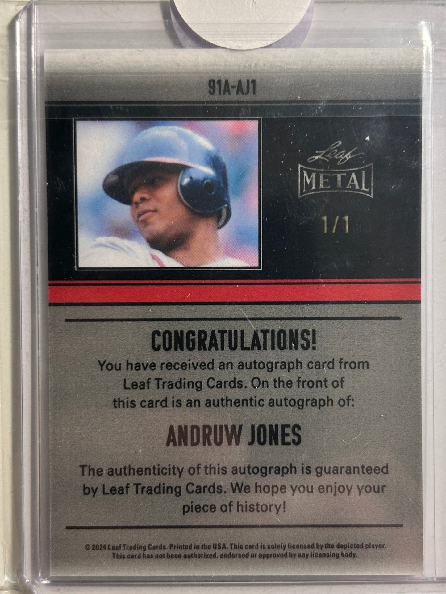 Andruw Jones AUTO # 1/1 Leaf Metal Red Pulsar 2024 Retro Autograph SP HOF Braves