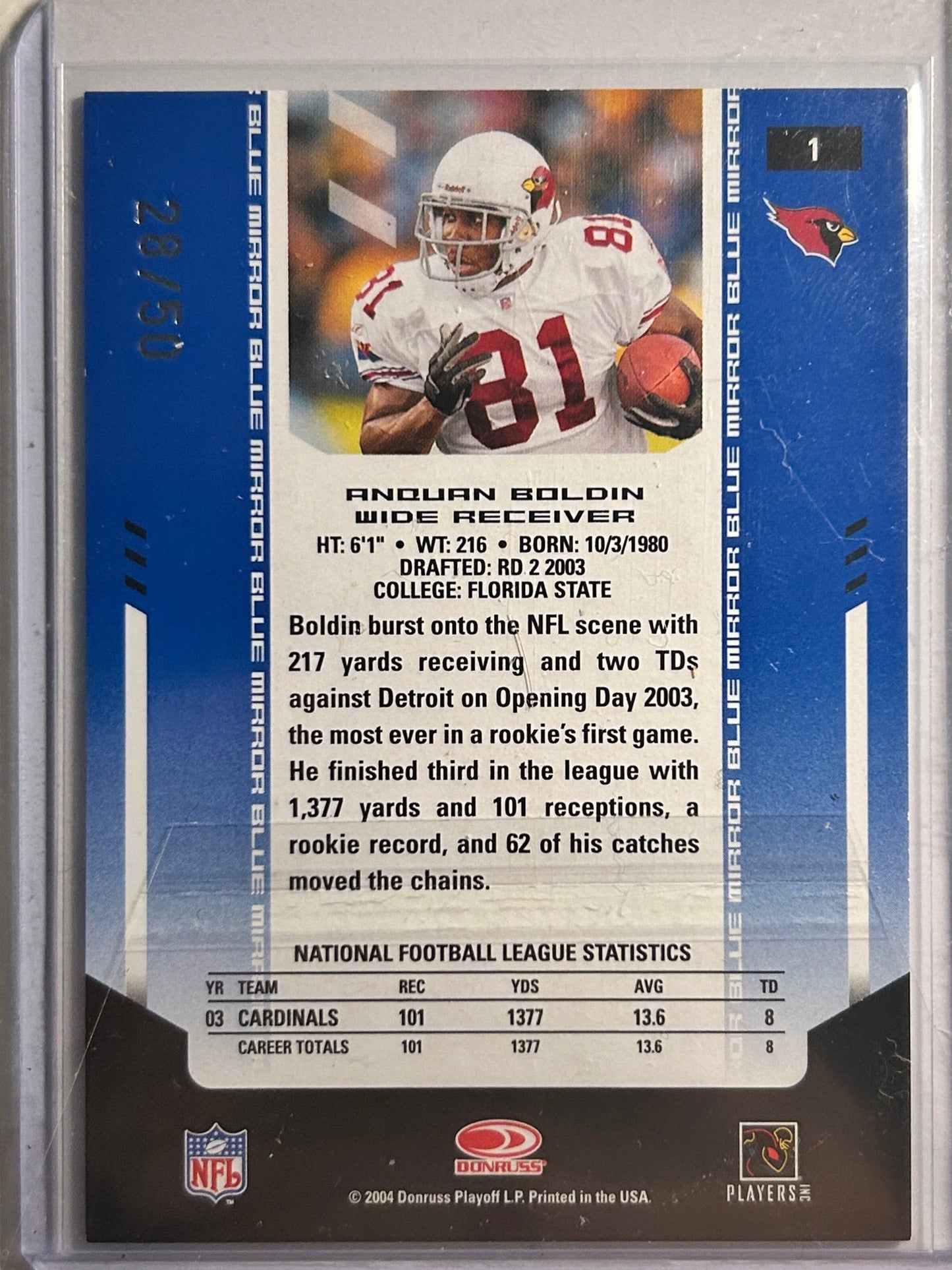 Anquan Boldin AUTO #/50 Leaf Certified Mirror Blue 2004 Donruss Autograph SP #1