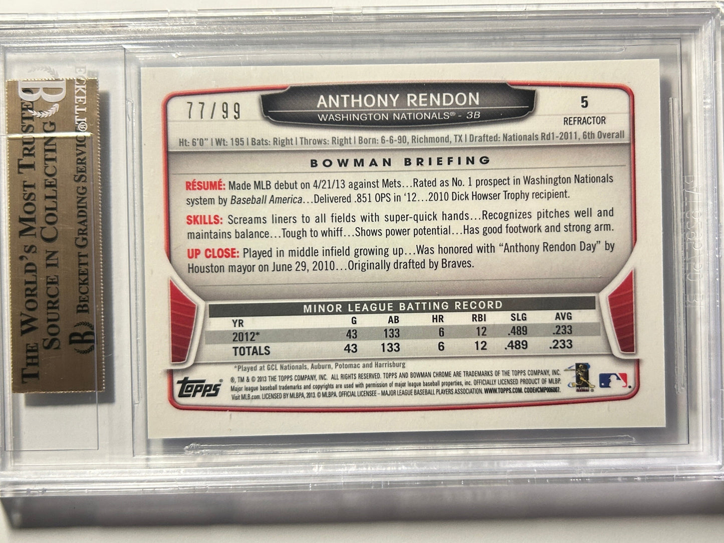 Anthony Rendon RC #/99 Bowman Chrome Blue Refractor 2013 Rookie BGS 9.5 Gem Mint