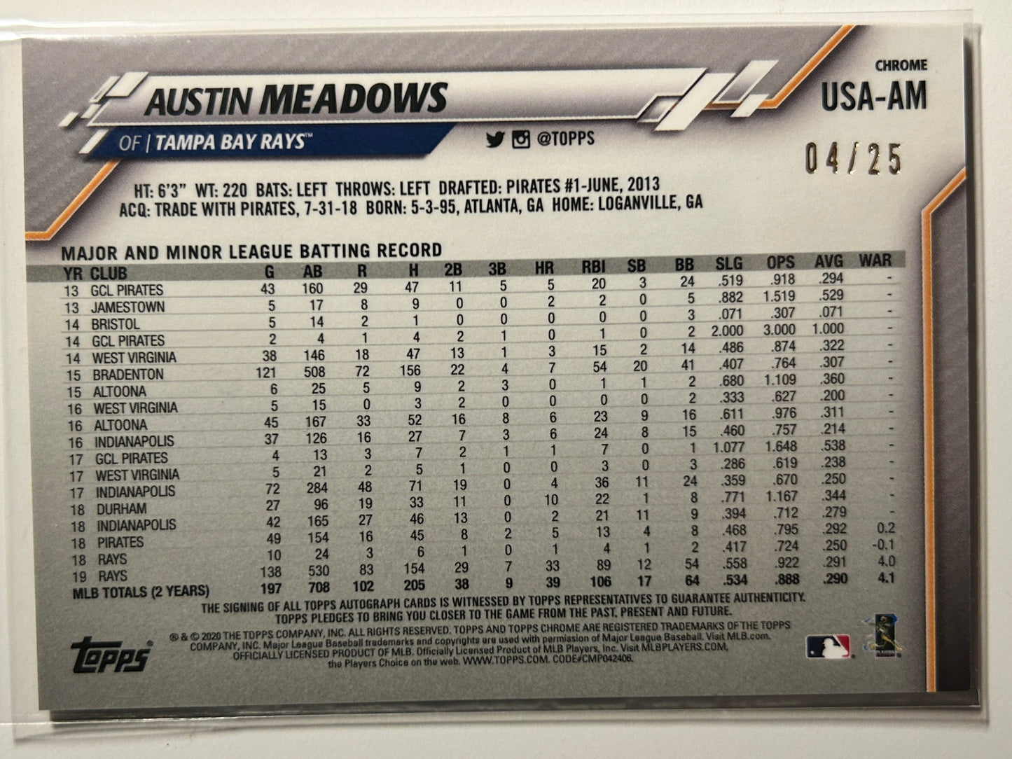 Austin Meadows AUTO #/25 Topps Chrome Orange Refractor 2020 Autograph SP Tigers