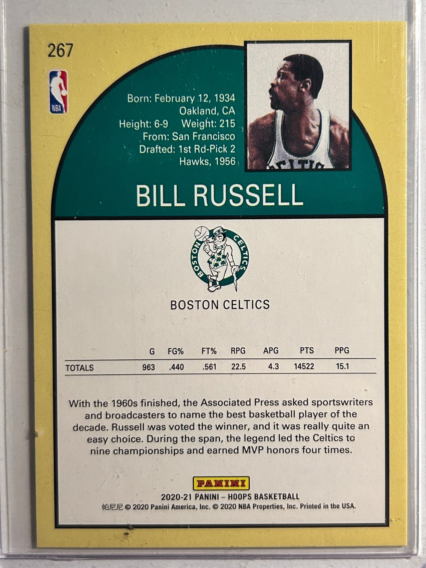Bill Russell #/199 Panini NBA Hoops Retro 2020-21 Premium Box Set #267 SP Celtic