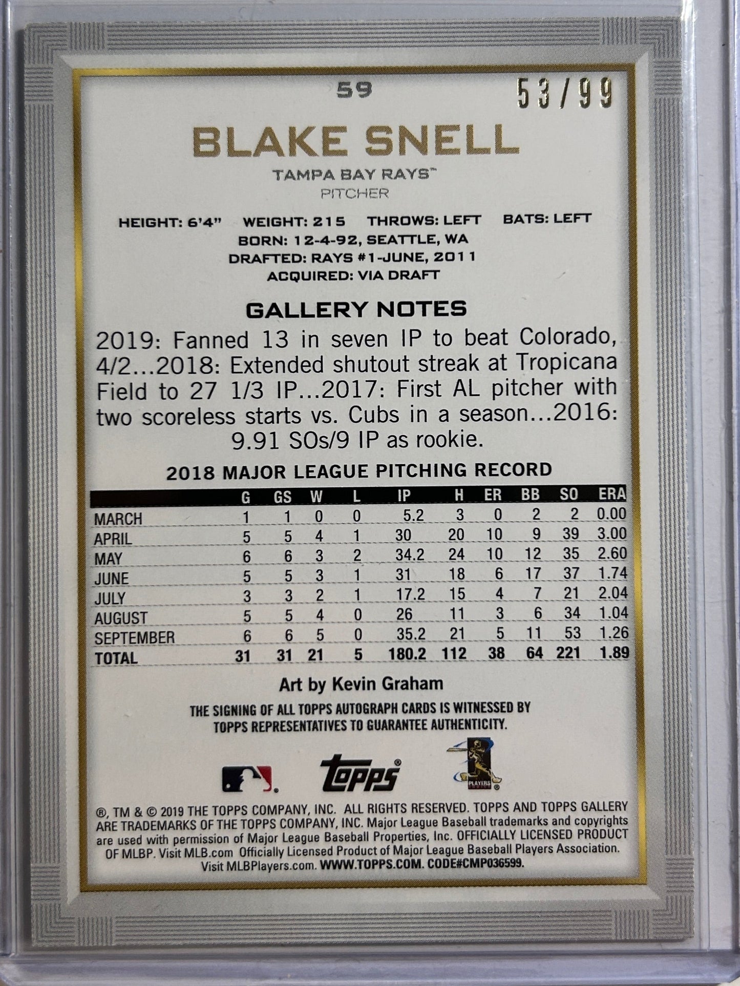 Blake Snell AUTO #/99 Topps Gallery Green Frame 2019 Certified Autograph Dodgers