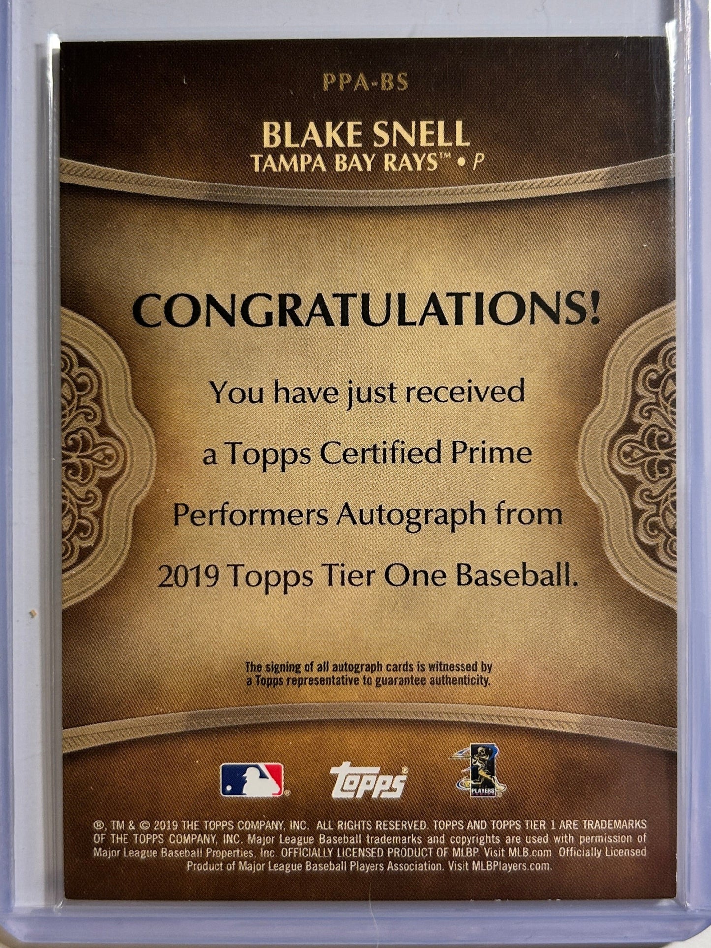 Blake Snell AUTO #/299 Topps Tier One Prime 2019 Certified Autograph Dodgers SP