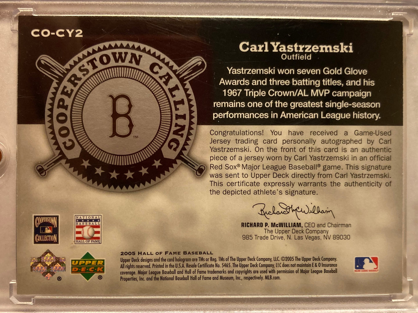 Carl Yastrzemski AUTO~PATCH #/15 Upper Deck HOF Emerald 2005 Autograph Jersey SP