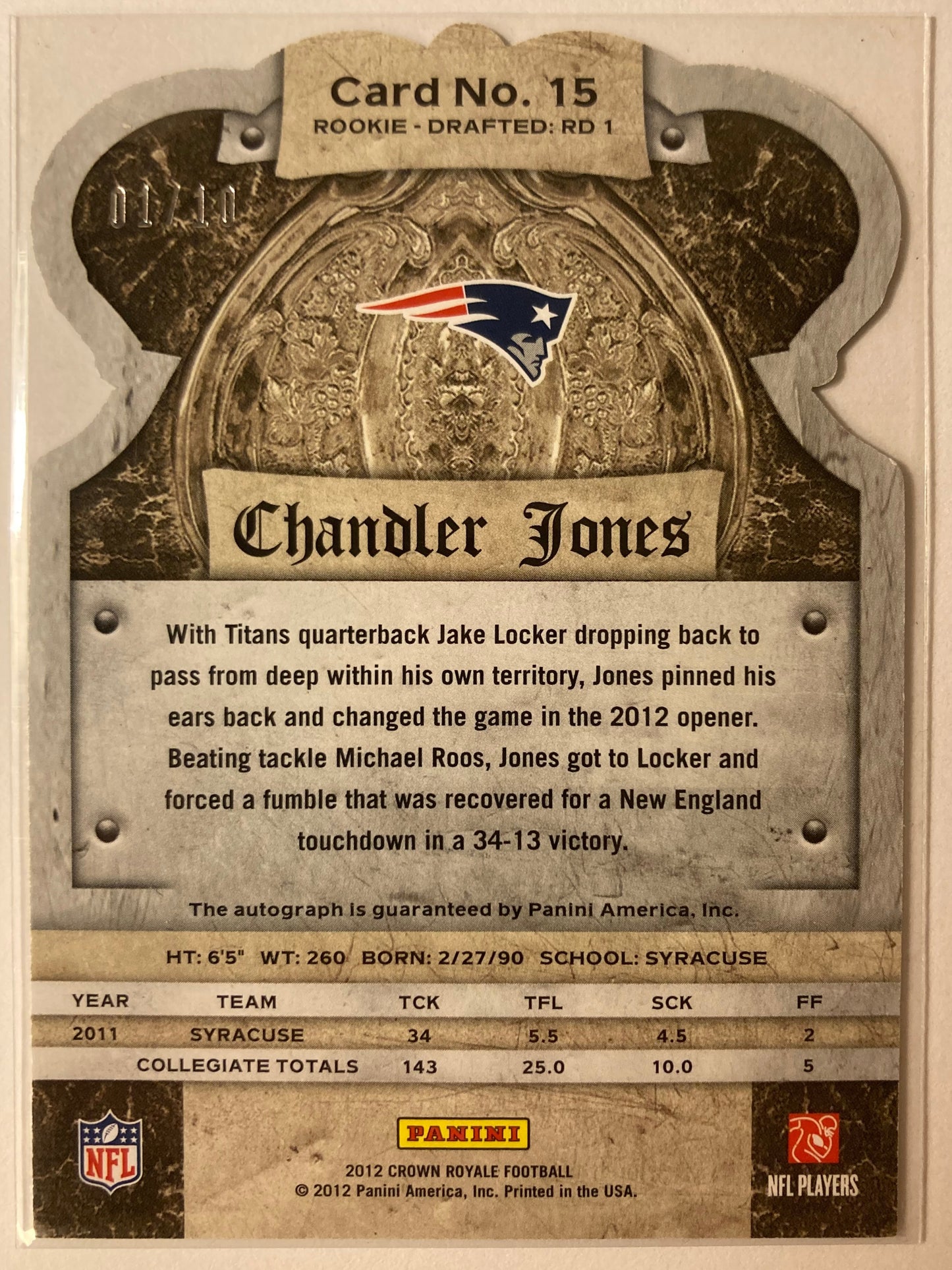 Chandler Jones AUTO~RC # 01/10 Crown Royale Green 2012 Rookie Autograph SP HOF?