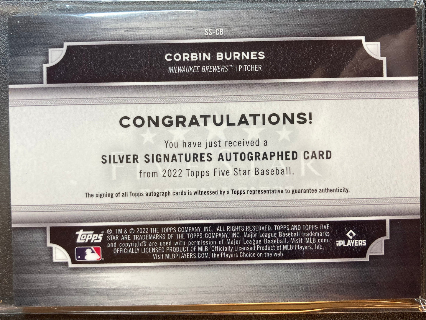 Corbin Burnes AUTO #d 01/40 Topps Five Star 2022 Silver Signatures Autograph SP