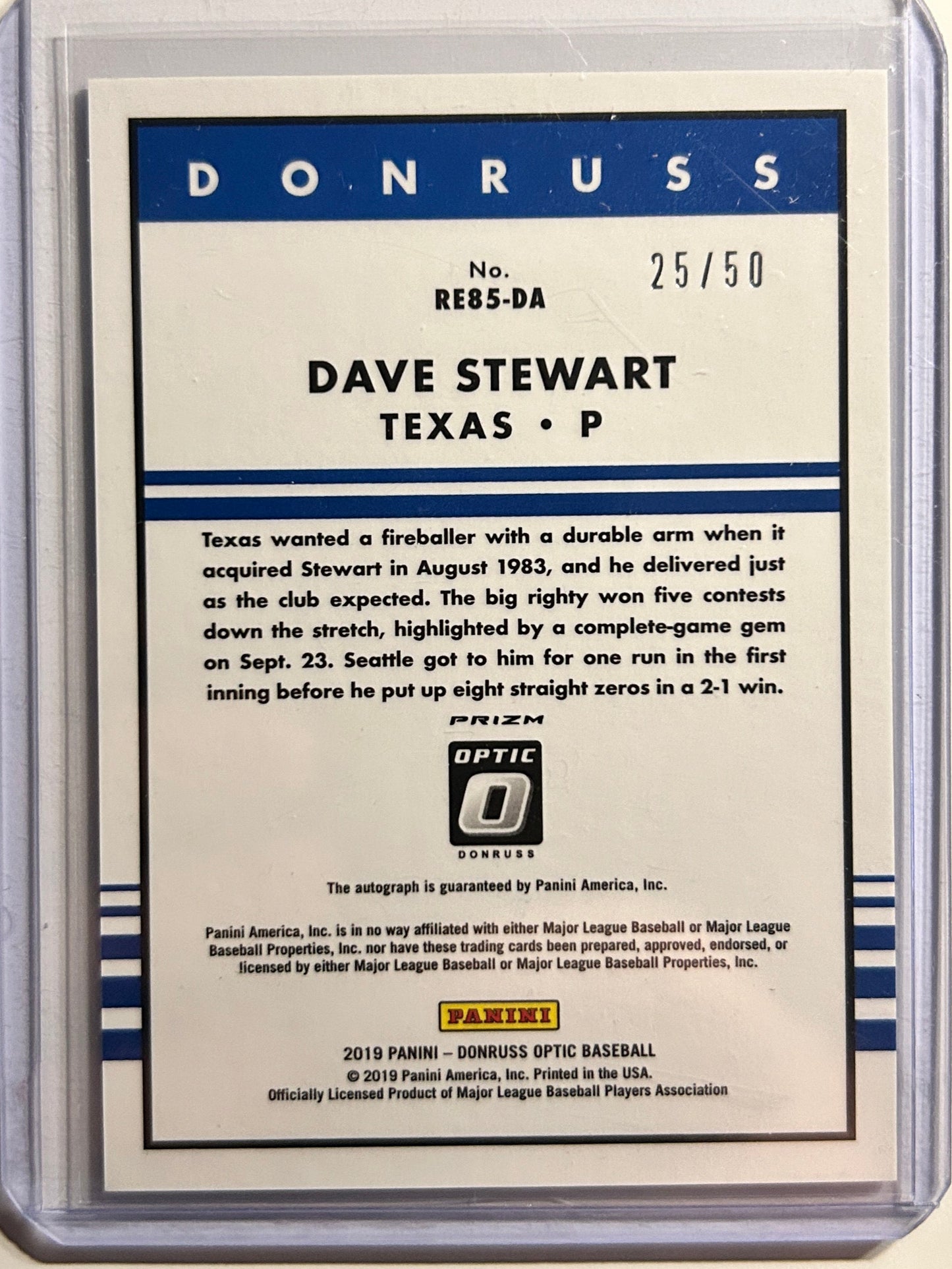 Dave Stewart AUTO #/50 Donruss Optic Blue 2019 Certified Panini Autograph SP A's