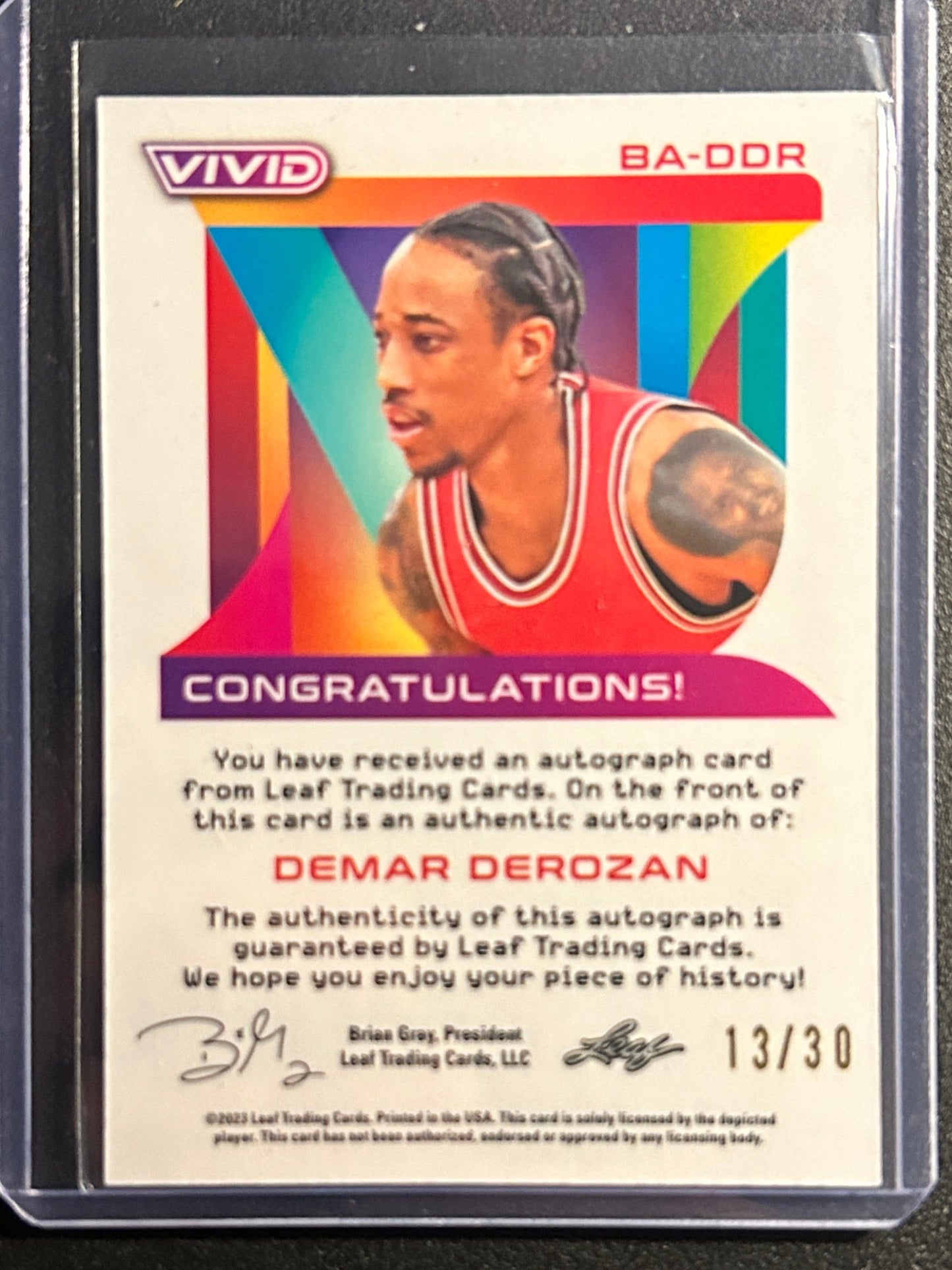 Demar Derozan AUTO #/30 Leaf Vivid Blue Refractor 2023-24 Certified Autograph SP