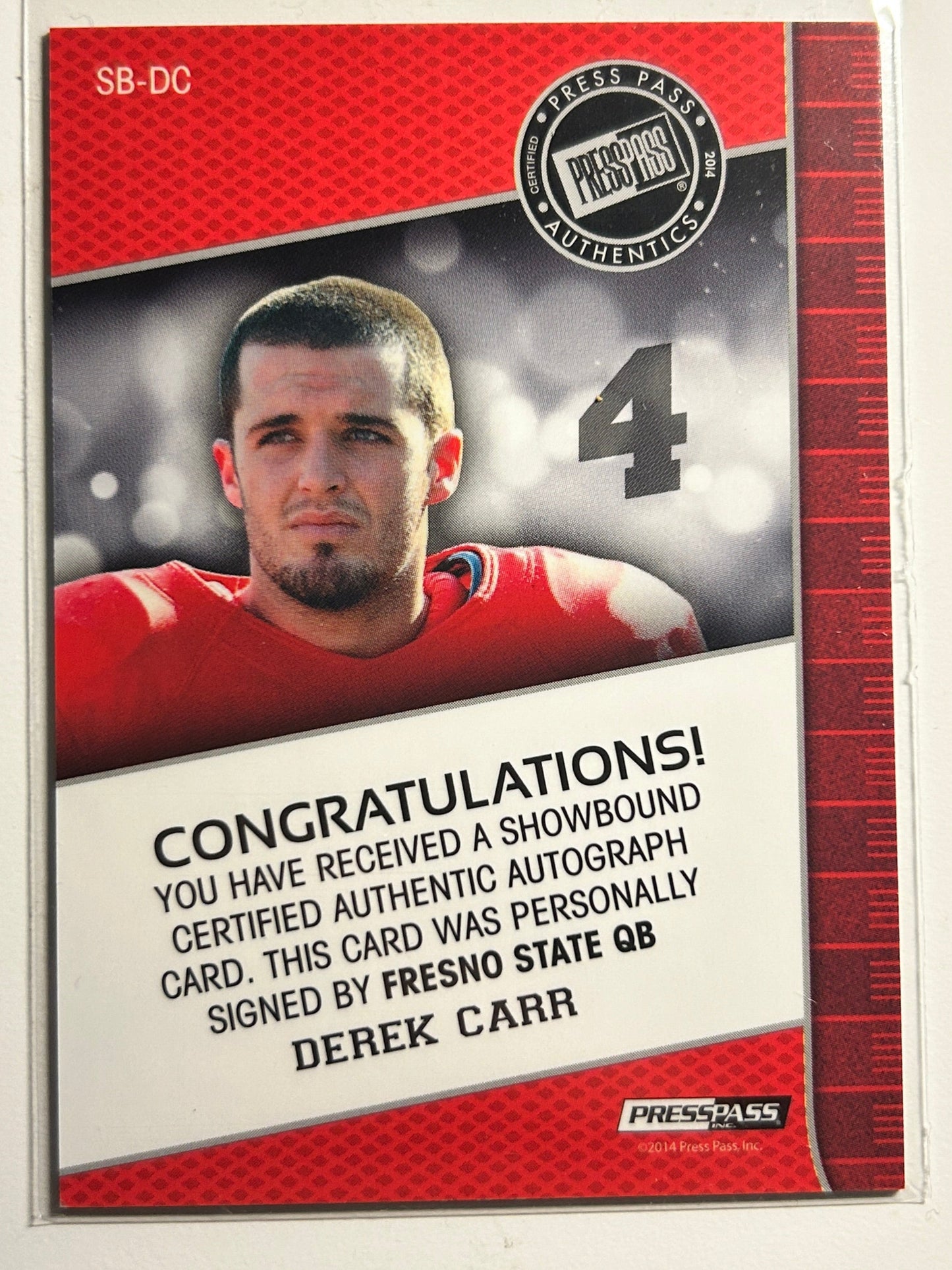 Derek Carr AUTO~RC #/5 Press Pass Green 2014 Rookie Autograph Saints READ Faded