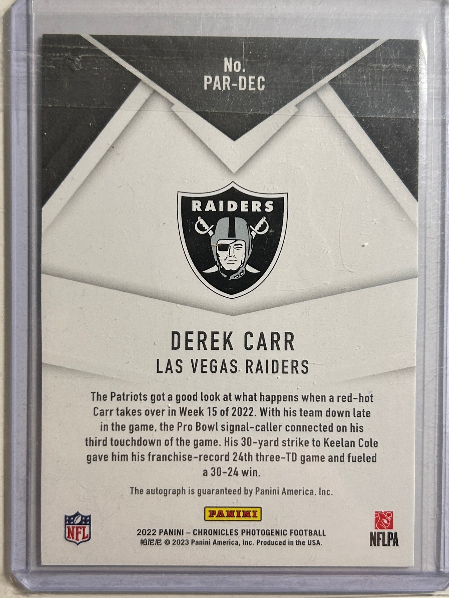 Derek Carr AUTO Panini Paramount 2022 Chronicles Photogenic Autograph SP Saints