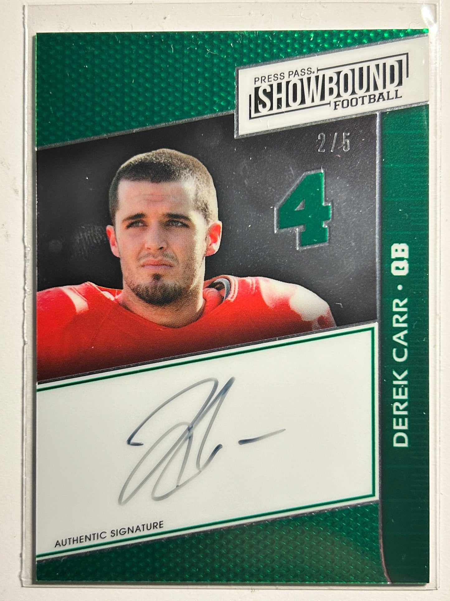 Derek Carr AUTO~RC #/5 Press Pass Green 2014 Rookie Autograph Saints READ Faded