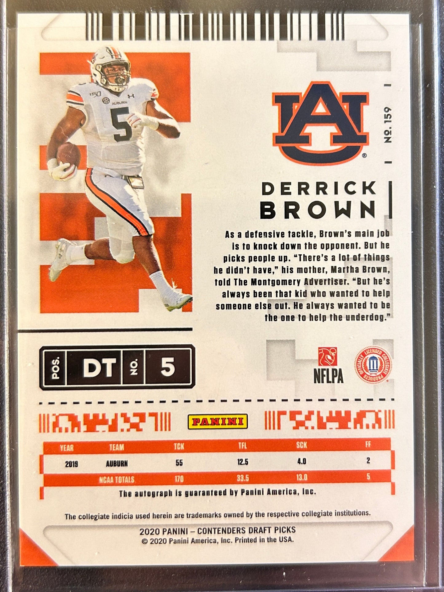 Derrick Brown AUTO~RC Contenders College Ticket 2020 Rookie Autograph Panthers