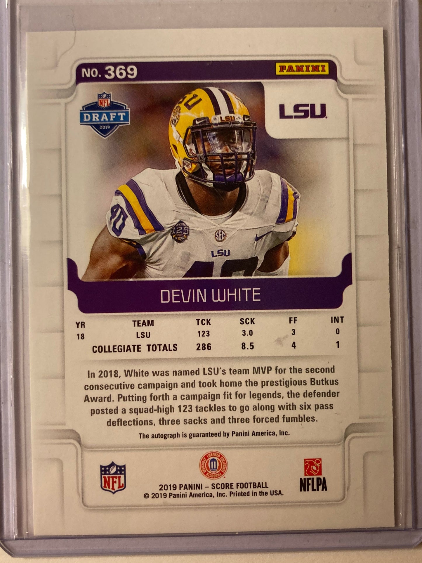 Devin White AUTO~RC Score 2019 Certified Rookie Autograph SP Bucs Buccaneers TB