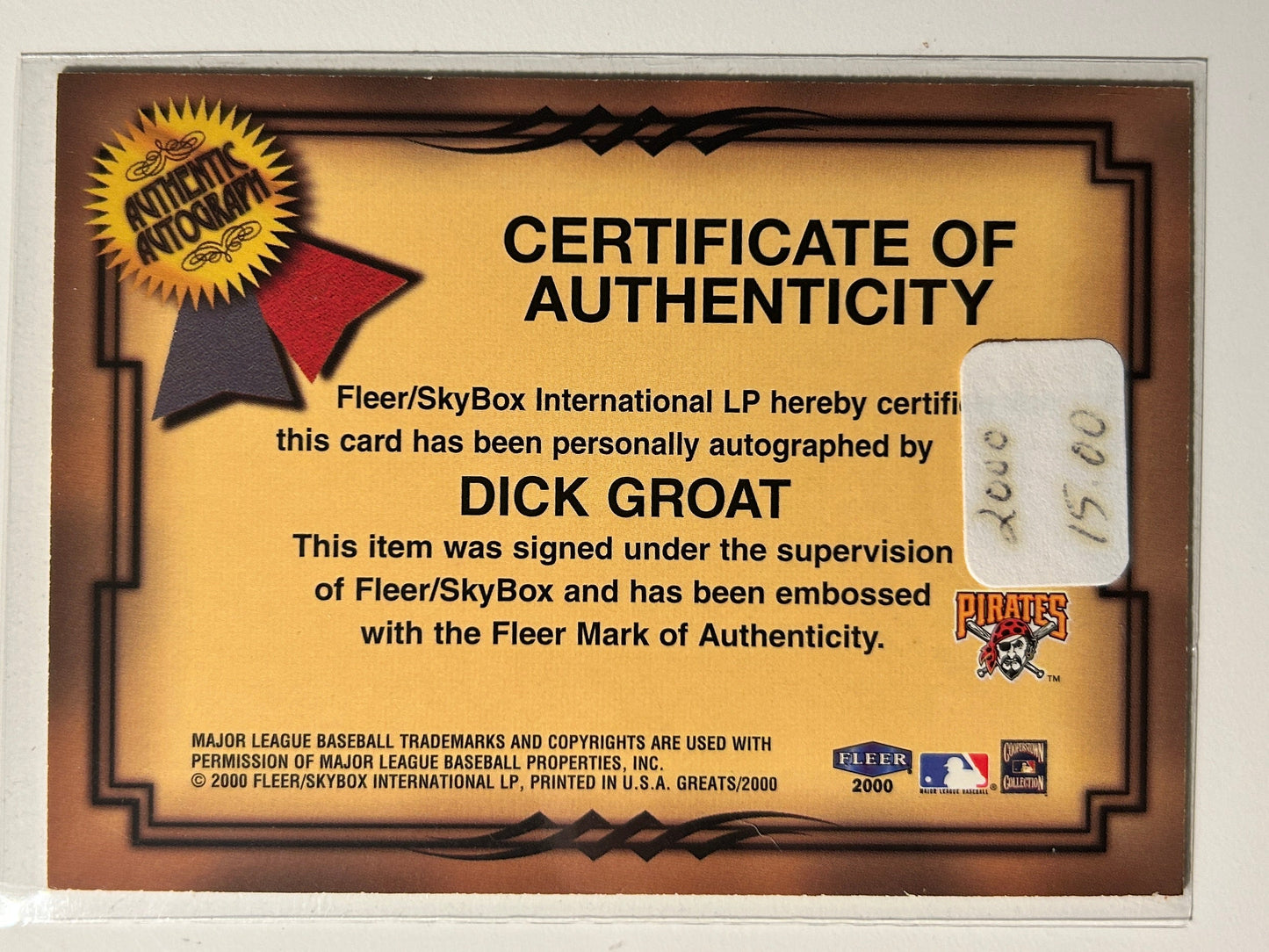 Dick Groat AUTO Fleer Greats/Game 2000 Certified Autograph SP Pirates GOTG MVP