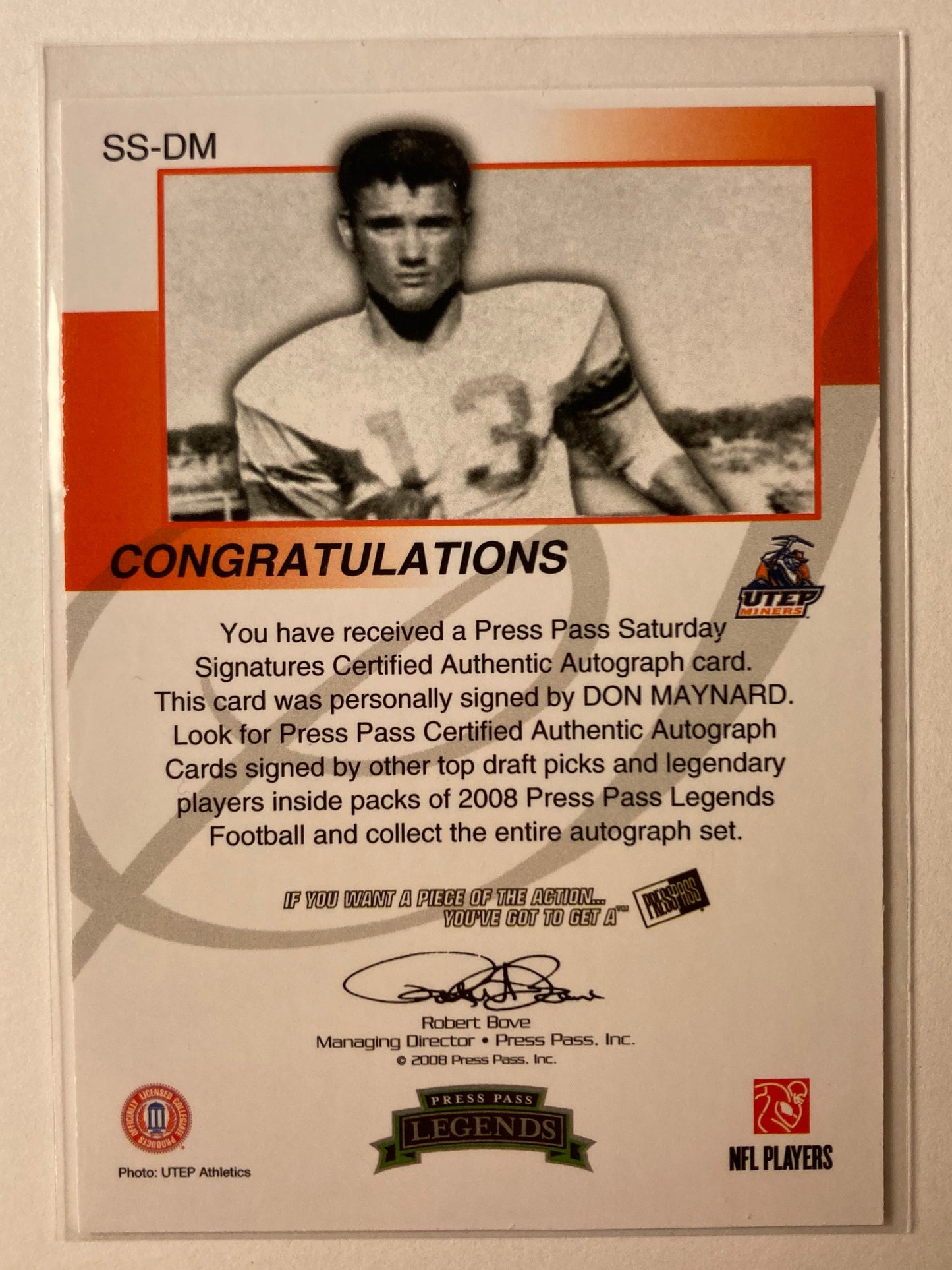 Don Maynard AUTO Press Pass Legend Saturday Signature 2008 Autograph SP Jets HOF