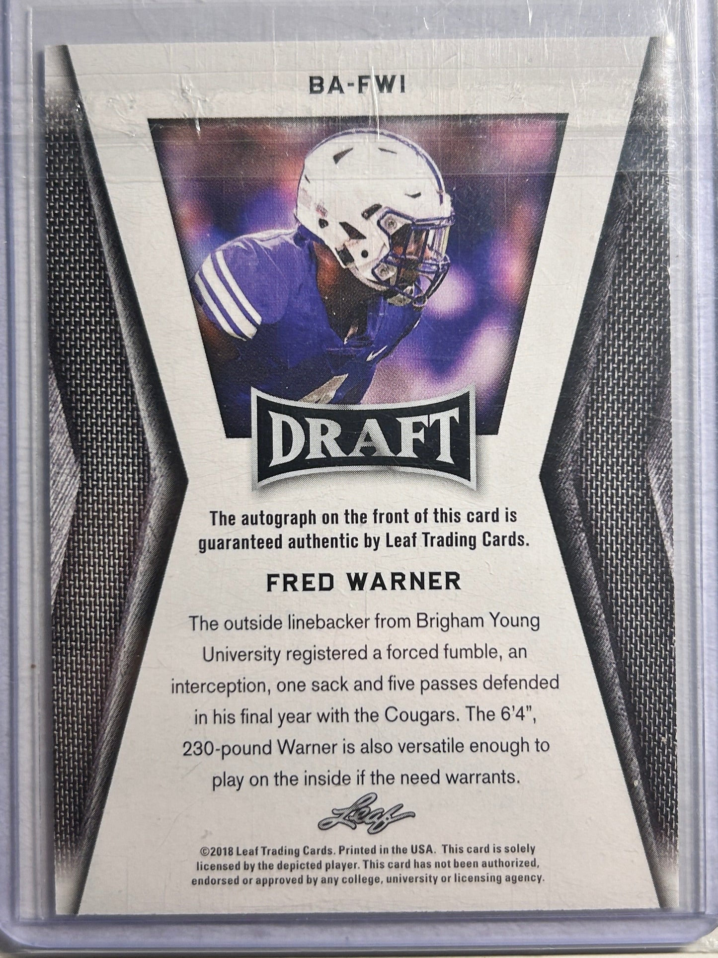 Fred Warner AUTO~RC Leaf Draft 2018 Certified Rookie Autograph Signature 49ers