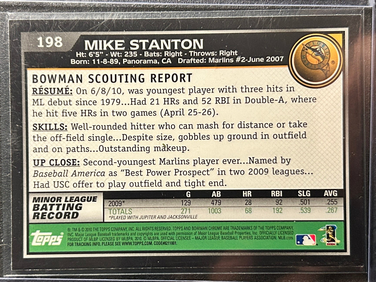 Giancarlo Stanton 2010 Bowman Chrome RC #198 True Rookie Card SP Mike Yankees NY