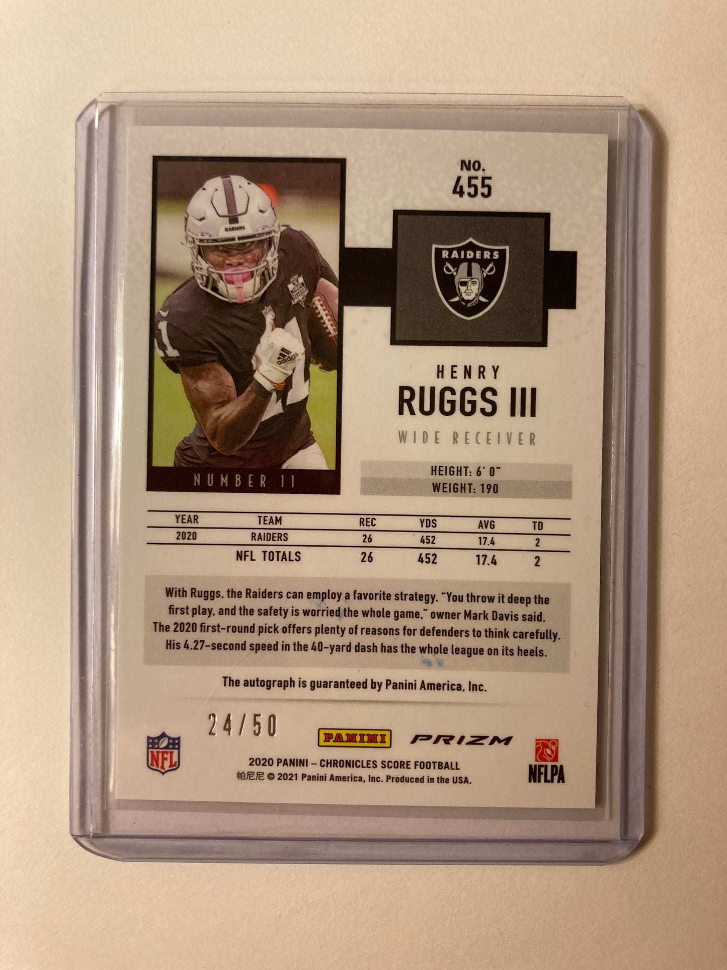 Henry Ruggs AUTO~RC #/50 Score Gold Zone 2020 Prizm Chronicles Rookie Autograph