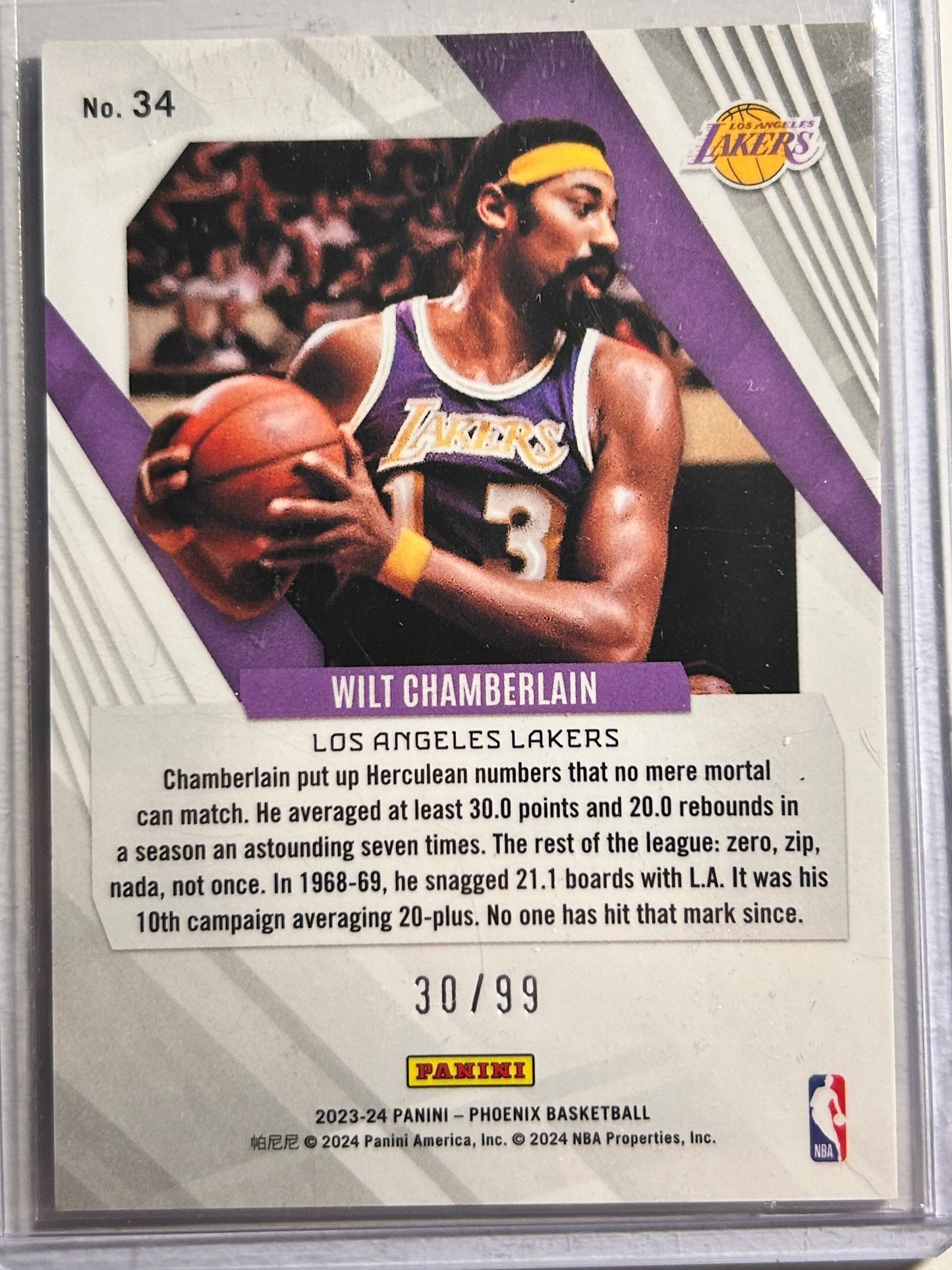 Wilt Chamberlain #/99 Panini Phoenix Orange 2023-24 Low Numbered Lakers SP #34