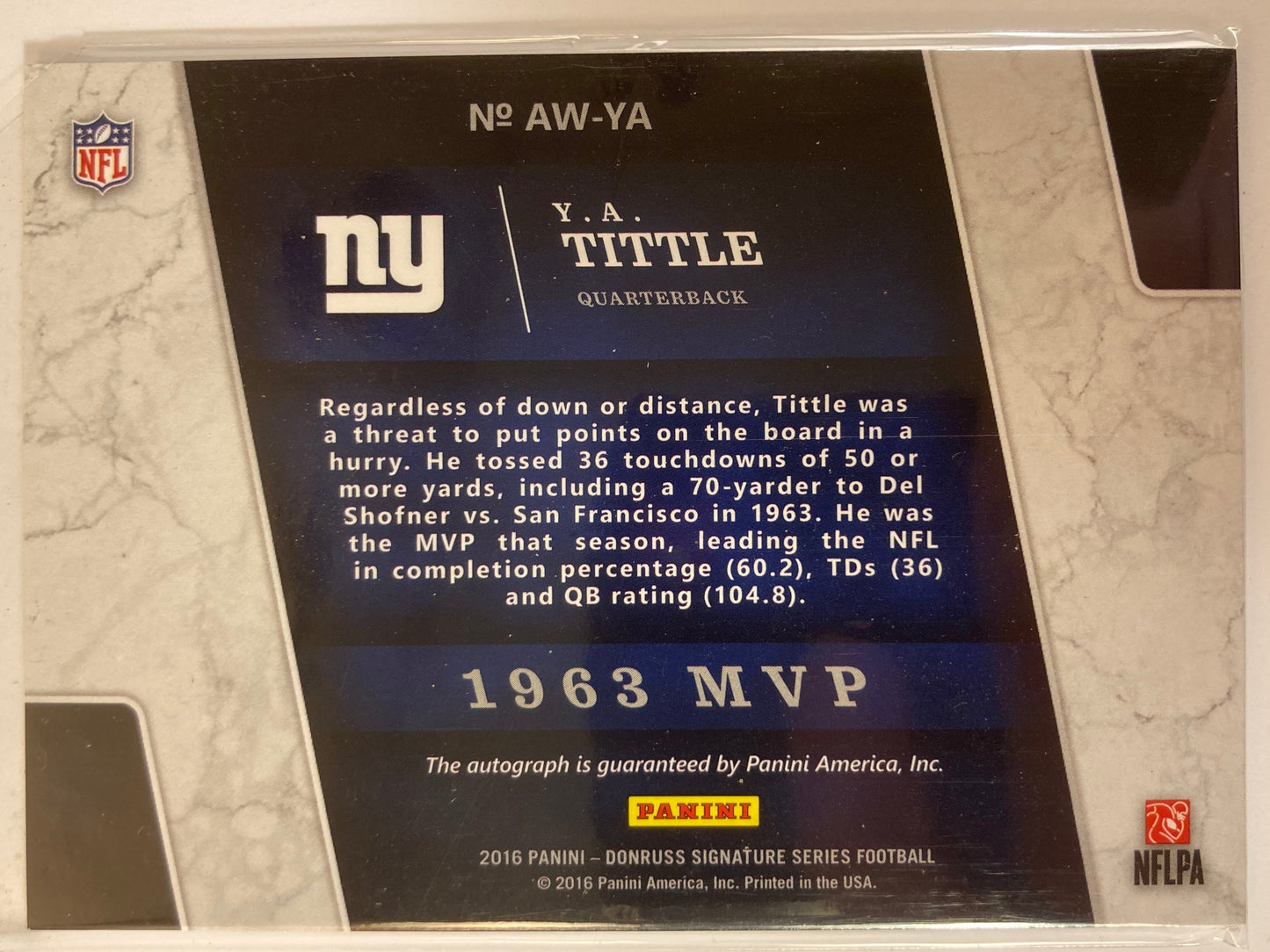 Y A Tittle AUTO Donruss Award Winning Signature AWS 2016 Autograph MVP HOF YA SP
