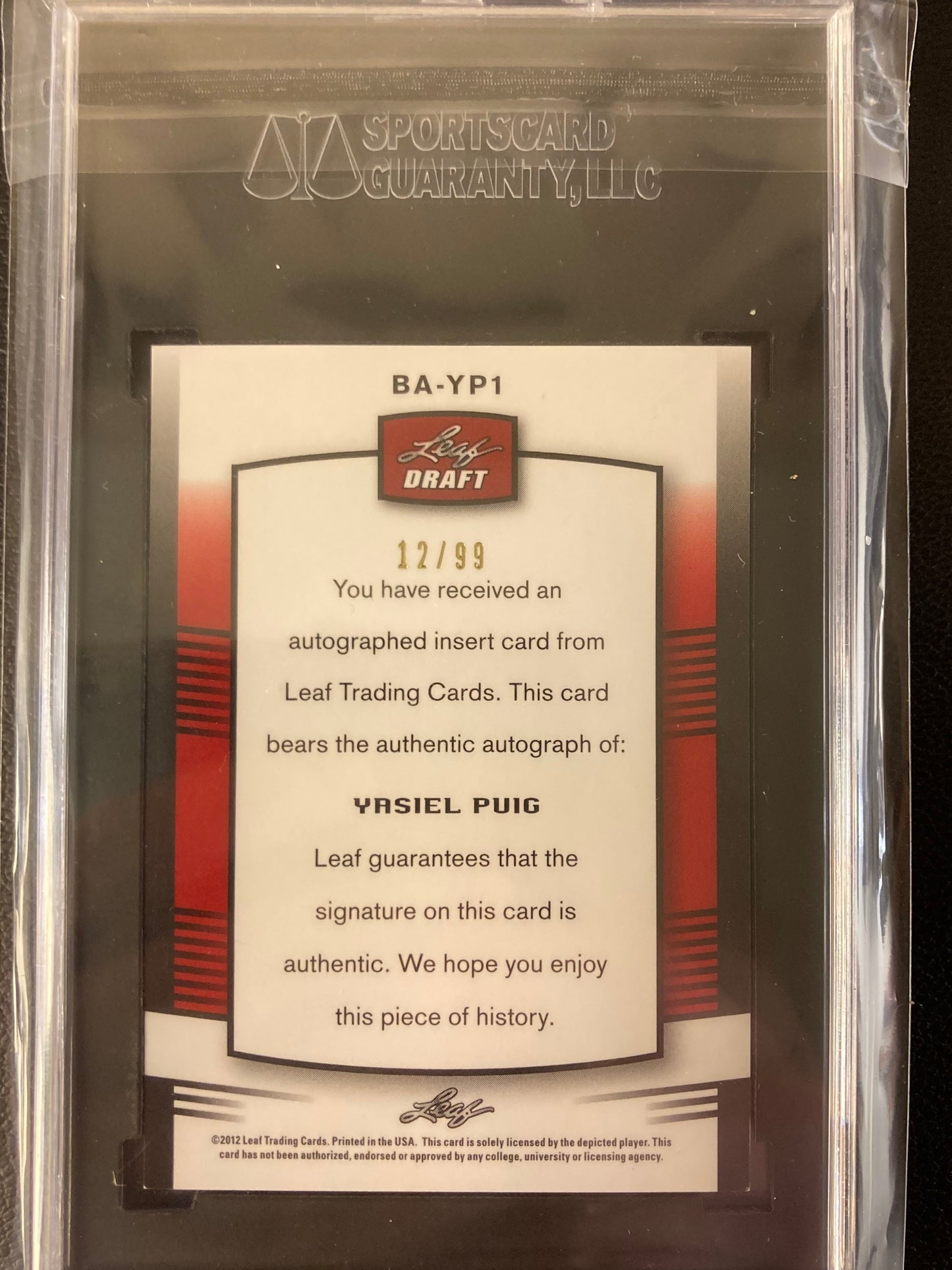 Yasiel Puig AUTO~RC /99 Leaf Metal Draft Prismatic 2012 Rookie Autograph SGC 8.5