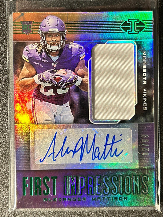 Alexander Mattison AUTO~PATCH~RC #/99 Panini Illusions 2019 Rookie Autograph SP