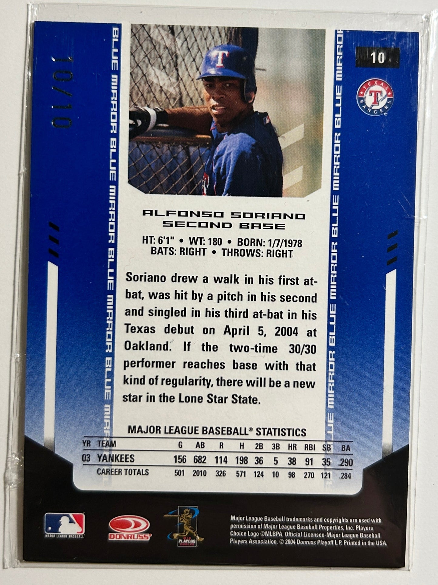 Alfonso Soriano AUTO # 10/10 Leaf Certified 2004 Mirror Blue Autograph SP Ranger