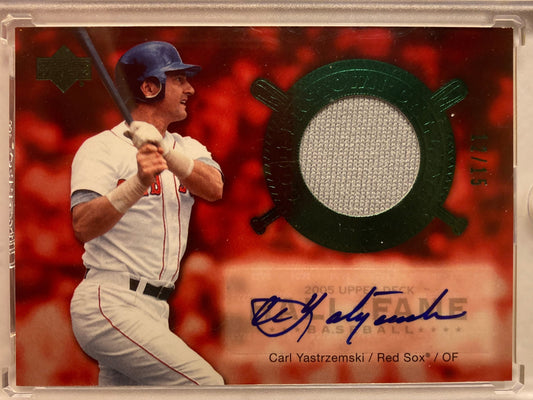 Carl Yastrzemski AUTO~PATCH #/15 Upper Deck HOF Emerald 2005 Autograph Jersey SP
