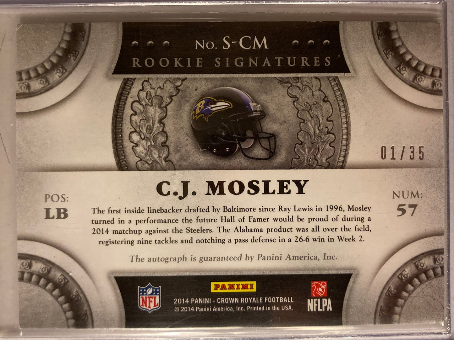 CJ Mosley AUTO~RC # 01/35 Crown Royale Silver Plaid 2014 Rookie Autograph SP C J