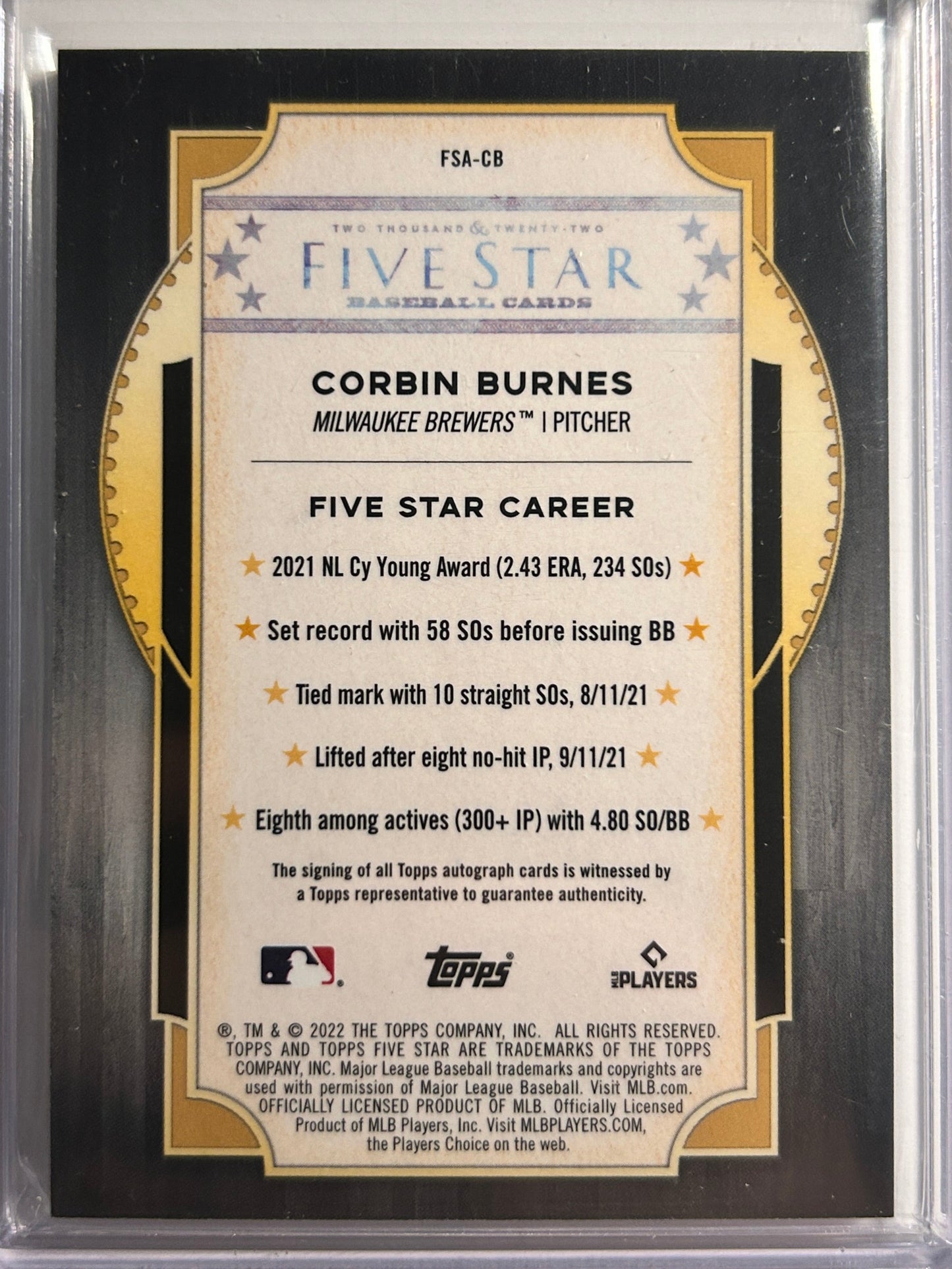Corbin Burnes AUTO #/15 Topps Five Star Green 2022 Certified Autograph SP Rare