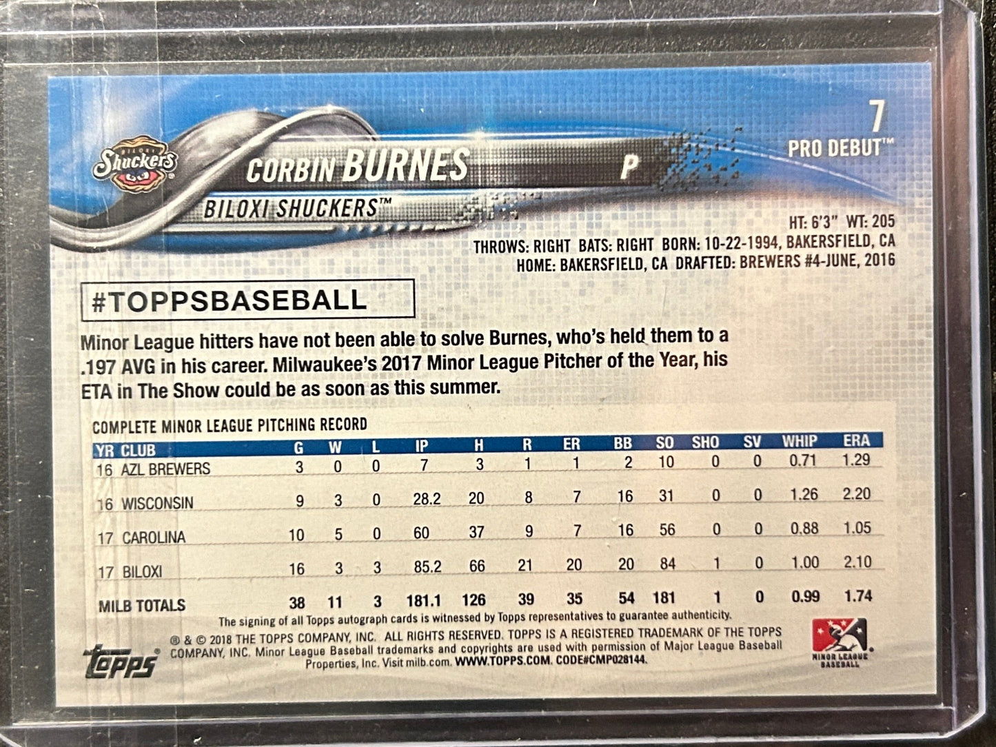 Corbin Burnes AUTO~RC Topps Pro Debut 2018 Certified Rookie Autograph SP D'Backs