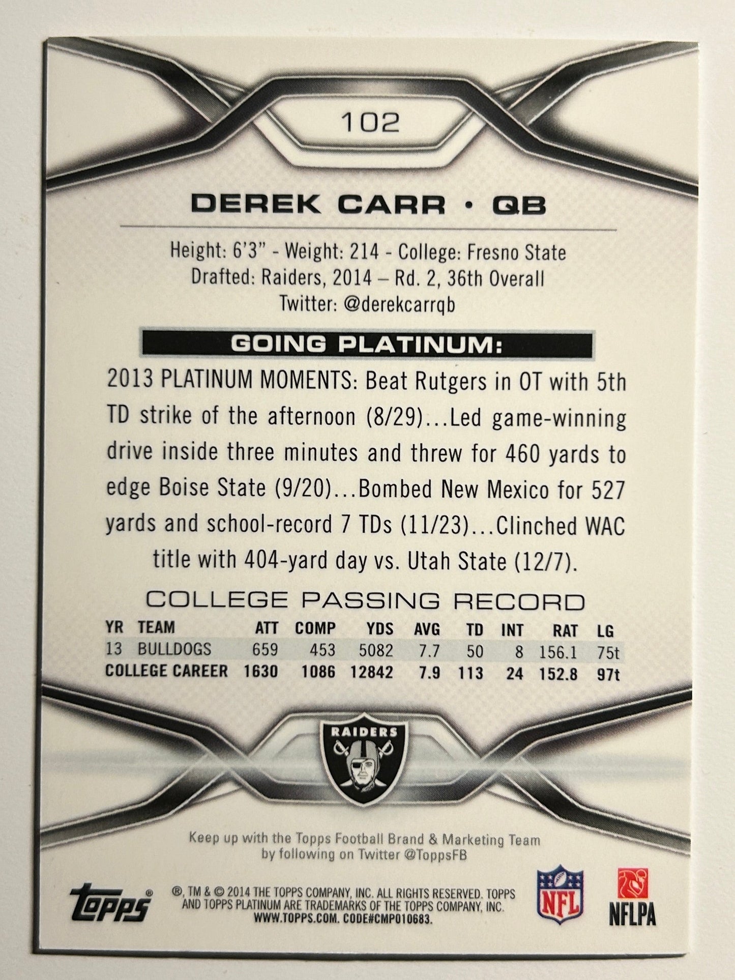 Derek Carr RC Topps Platinum Xfractor 2014 Rookie Card SP #102 Raiders Saints