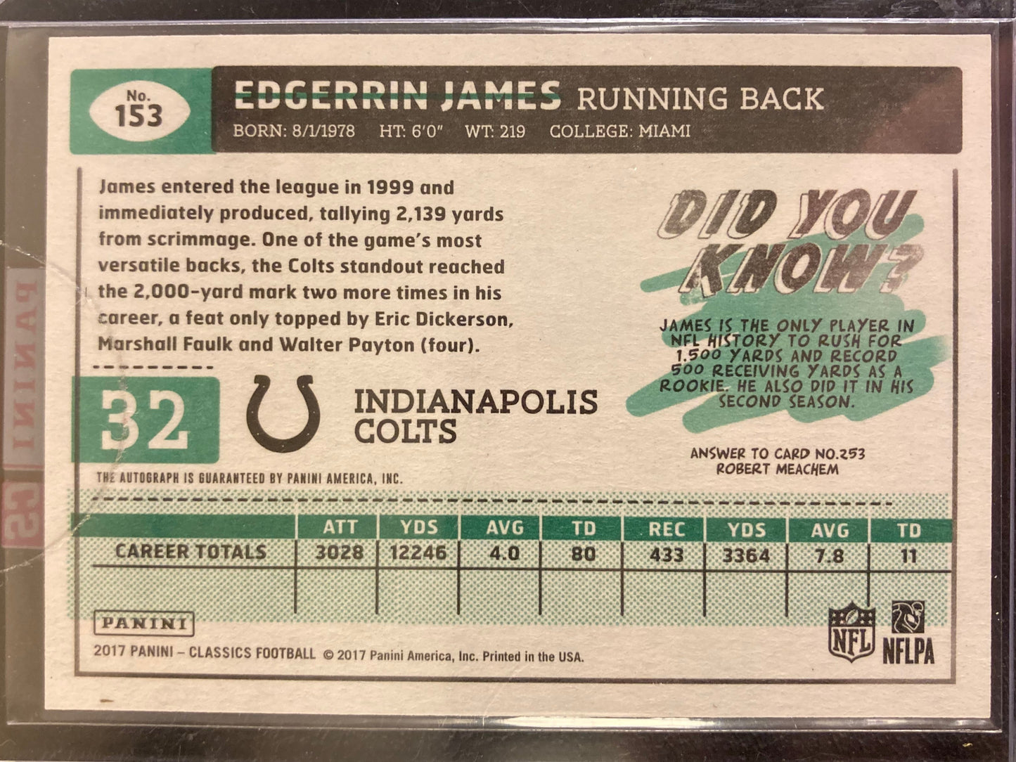 Edgerrin James AUTO #/15 Donruss Classics Signatures 2017 Panini Autograph SP