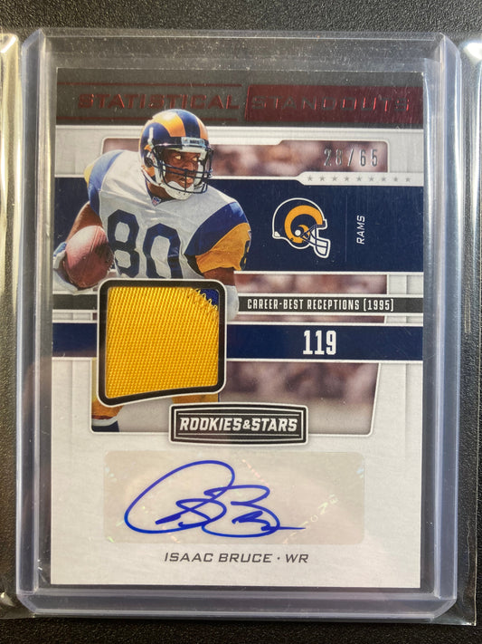 Isaac Bruce AUTO~PATCH #/65 Rookies & Stars Statistical Standouts 2019 Autograph