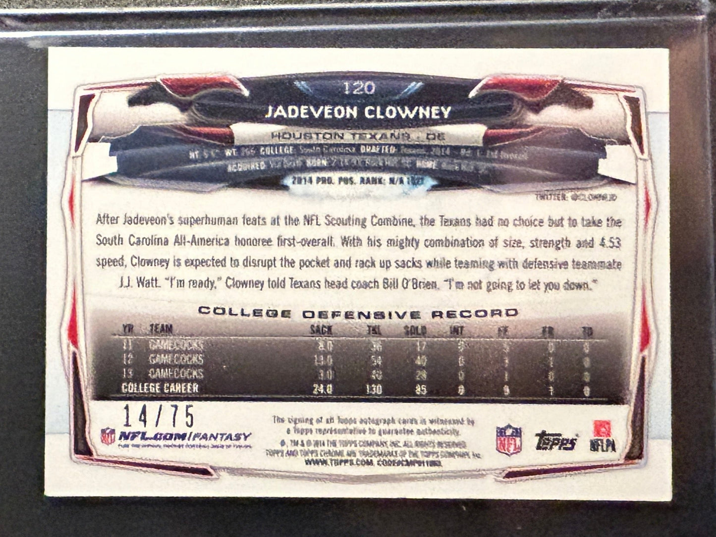 Jadeveon Clowney AUTO~RC #/75 Topps Chrome Refractor Mini 2014 Rookie Autograph