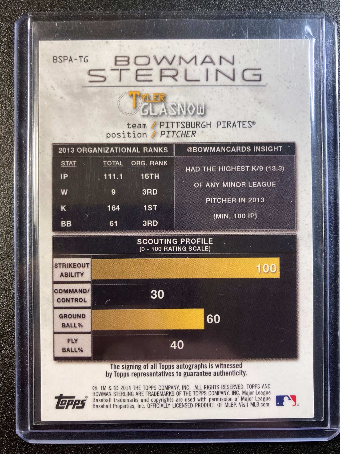 Tyler Glasnow AUTO~RC Bowman Sterling 2014 Certified Rookie Autograph SP Dodgers